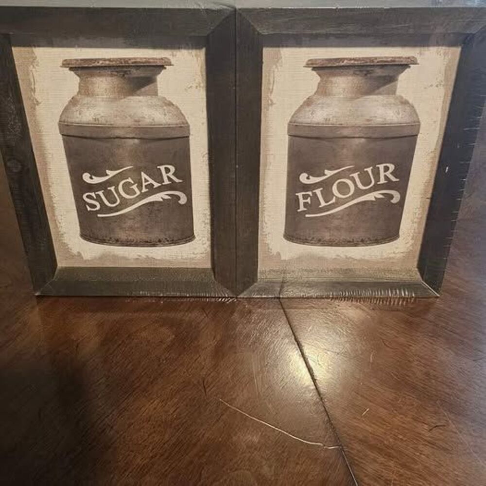 NEW 4pc Kitchen Wall Art Set Tea Coffee Flour Sugar Framed Farmhouse Decor